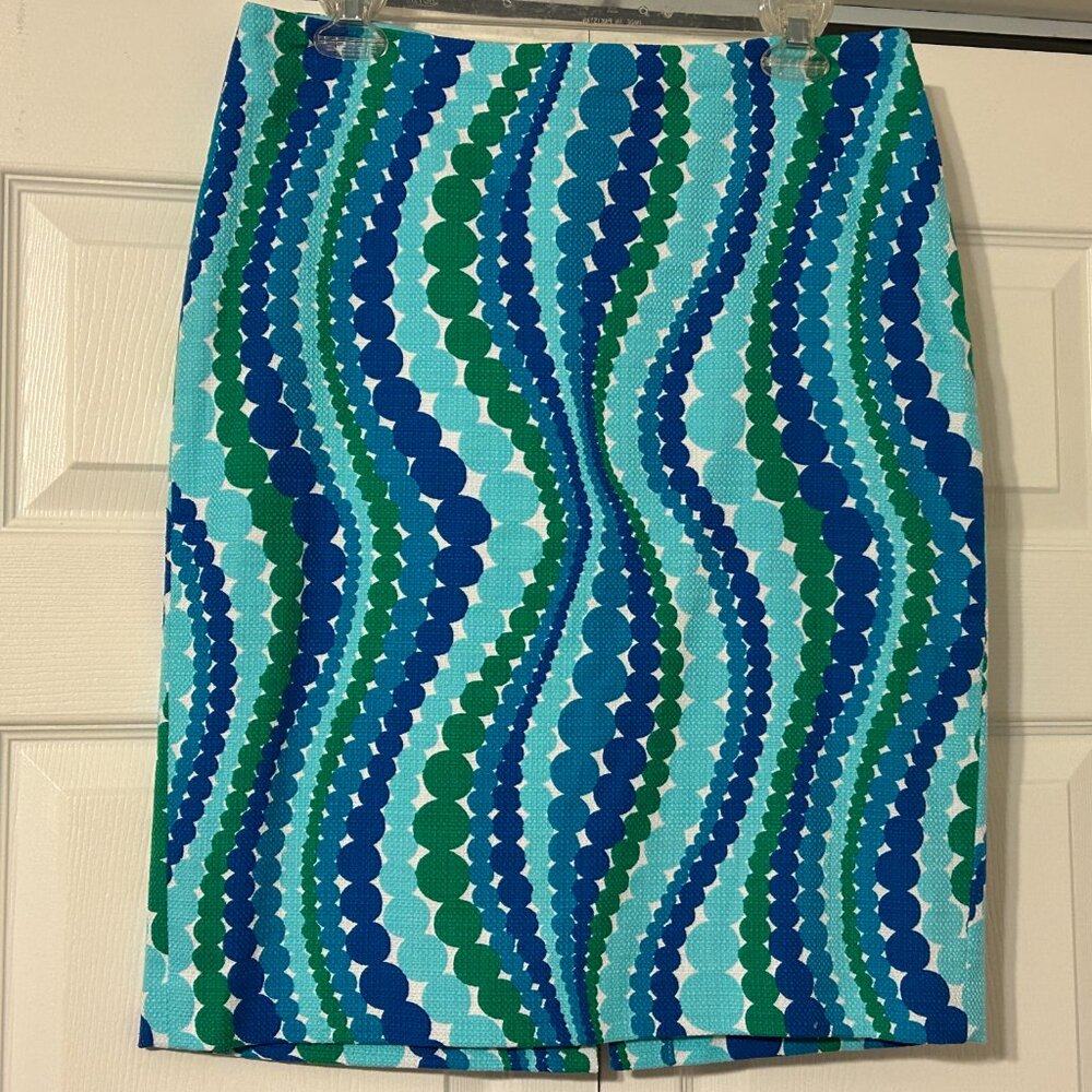 TALBOTS Sz 6 Blue & Green Wavy Dots Textured Pencil Skirt